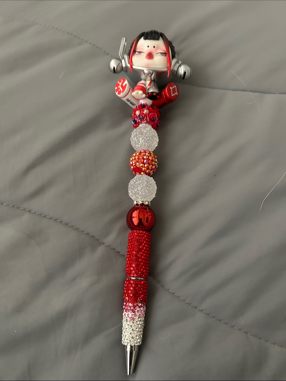 Skull Panda Red & White Beaded Figure Pen